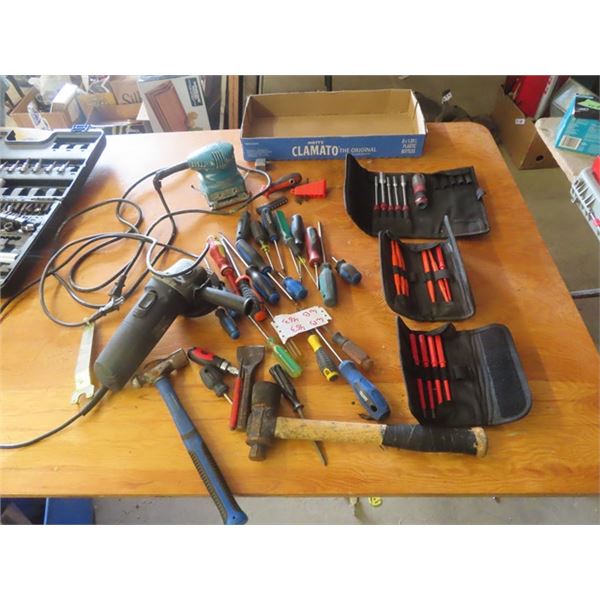 Power Angle Grinder + Sander, Screwdrivers, Ball Pin Hammer, Nut Extractor