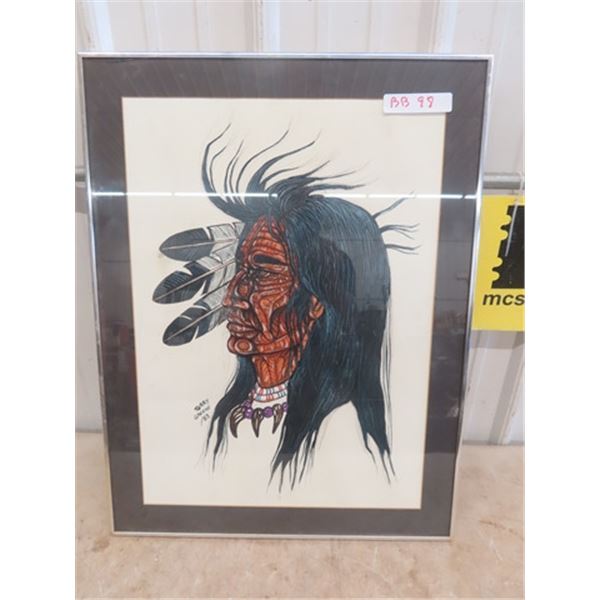 Original Terry Greene 1983 Painting, First Nations Warrior Framed & Matted 21  x 28 