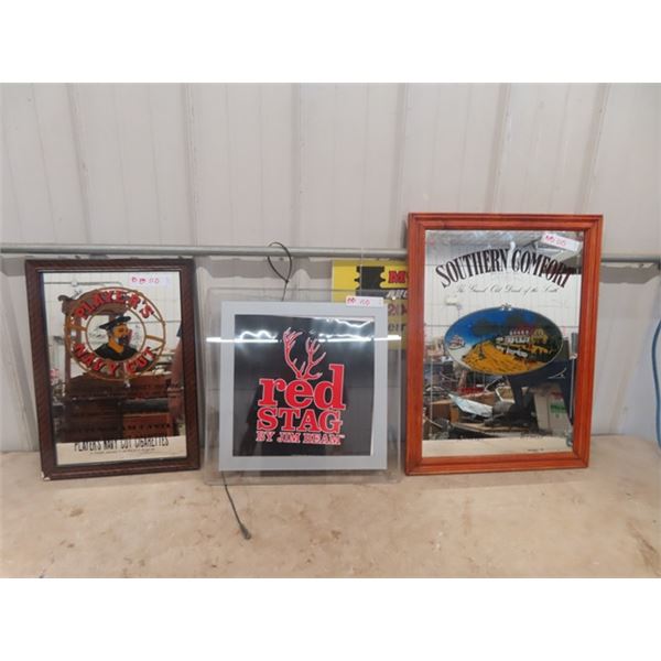 3 Vintage Advertising Signs ; Mirrored Southern Comfort, Mirrored Players, & Light up Red Stag Jim B