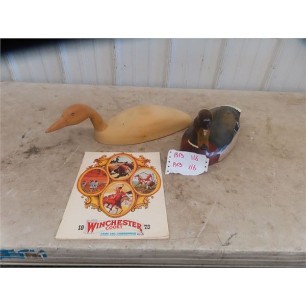 Signed Mallard Duck Carving, Loon Carving, 1973 Winchester Cooey Catalog