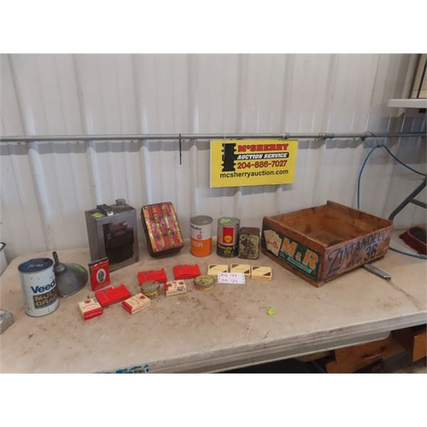 Rare 2oz Log Cabin Tobacco Tin, Houdes, Champion, Vintage Cigarette Packs, Oil Tins, plus Wooden Cra