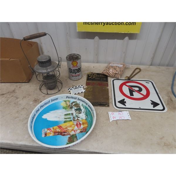 Railway Lantern, No Parking Sign, Beer Tray