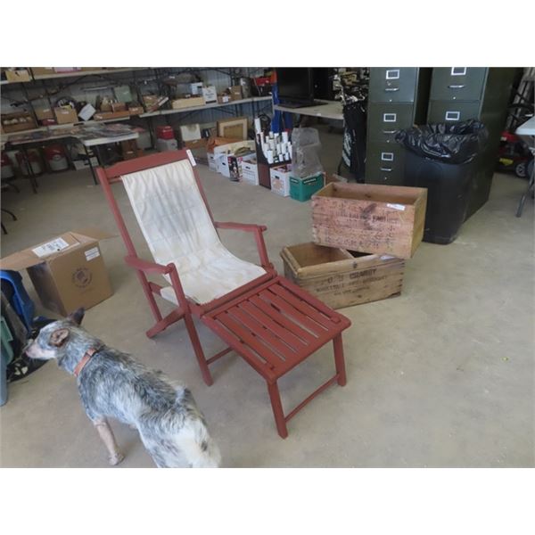 Wooden Lounger Yard Chair & 2 Wooden Crates