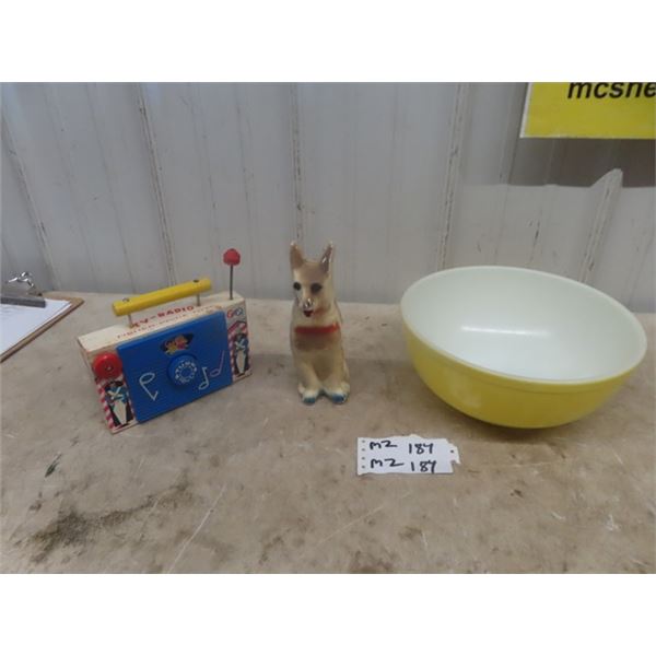 Pyrex Mixing Bowl, Chalkware Dog, Fisher Price Radio