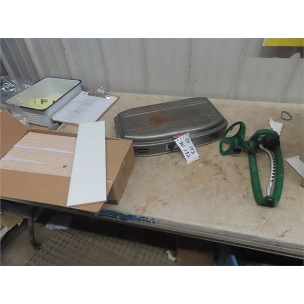 Box of Cermaic Tile, Coleman Stove, Sprinkler