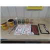Image 1 : Pennzoil Display, License Plates, (4) Red Truck Beer Cans, Castrol 2 Cycle Motor Oil Cans