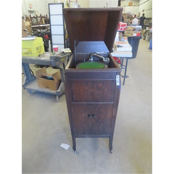 Oak Cabinet Gramaphone with Bottom Record Storage - Working Condition