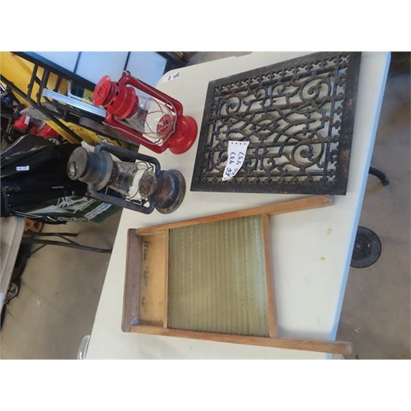 2 Barn Lanterns, Washboard, Metal Heat Grate