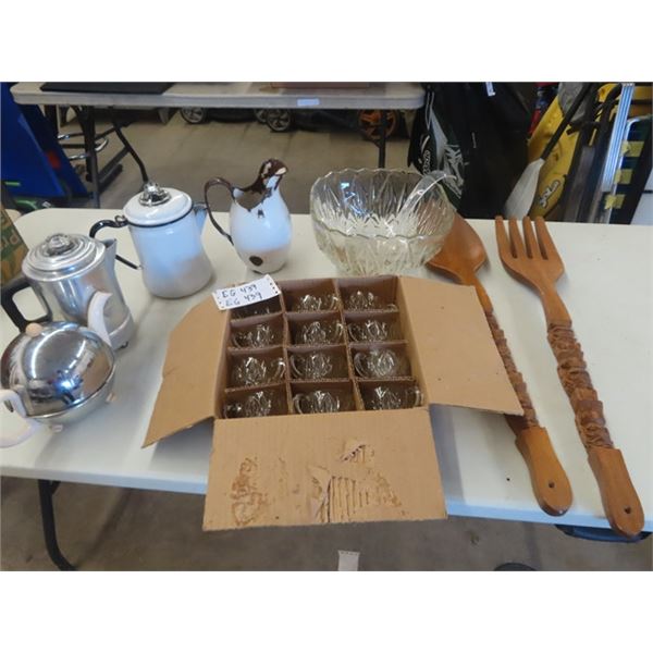 Wooden Fork + Spoon Display 28" Long , Punch Bowl Set, Enamel Kettle + Pitcher plus more