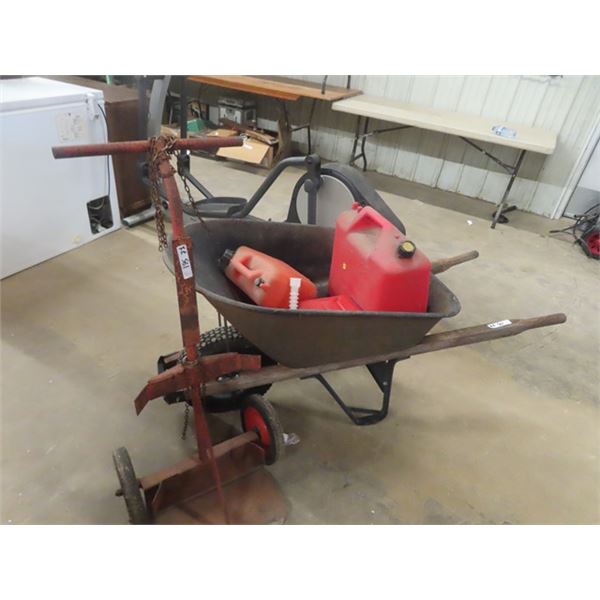 Wheel Barrow, Acetylene Cart & 3 Gas Cans