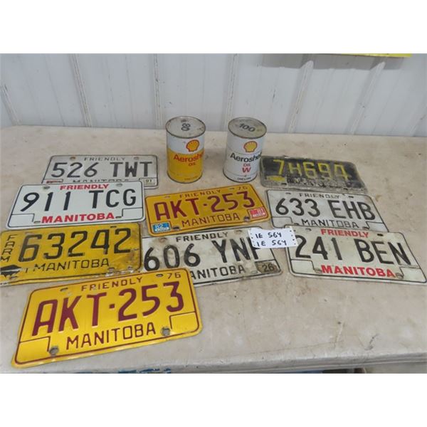 9 License Plates & 2 Shell Oil Quart Cans