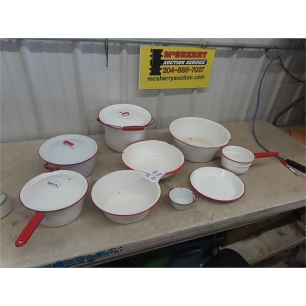 9pc Red & White Enamel Pots, Basins plus 3 Lids