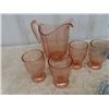 Image 2 : Depression Glass Pitcher + 4 Glasses ,2 Depression Cups + Saucers , Covered Candy Dish