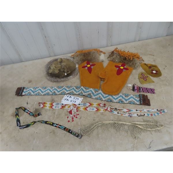 Beaded Leather Mitts, Beaded Jewlery, Belt, Full Display