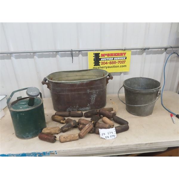 Galvanized Pail with Handle , Watering Can, Copper Boiler, Wooden Fishing  Net Floats - McSherry Auction Service Ltd.