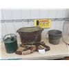 Image 1 : Galvanized Pail with Handle , Watering Can, Copper Boiler, Wooden Fishing Net Floats