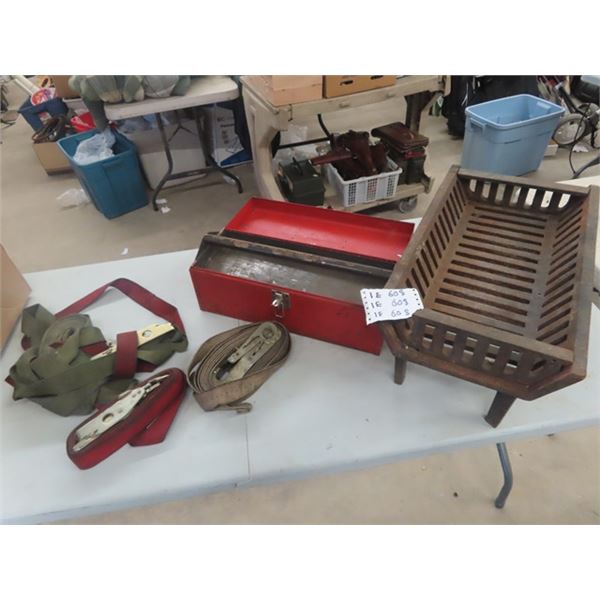 Load Straps, Metal Tool Box & Fire Grate Pit