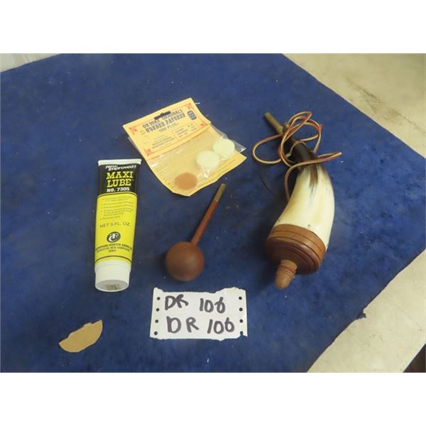 Black Powder Horn , Gun Lube, Cleaning Patches