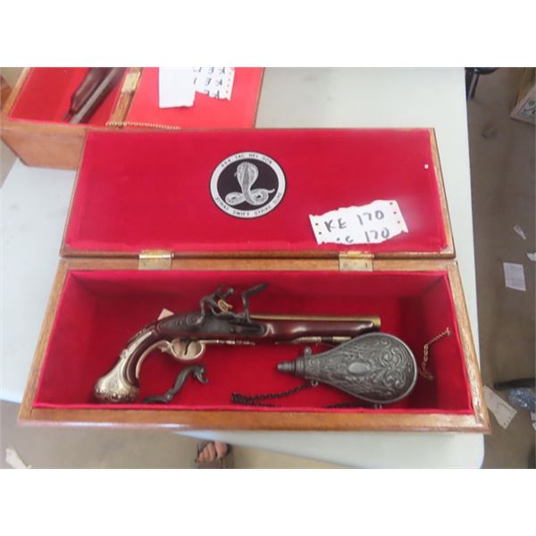 Replica Flint Pistol with Powder Flask With Case 13.5" Long