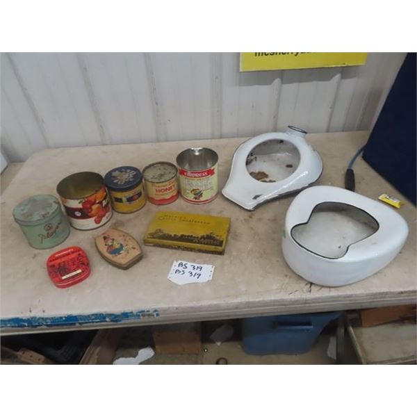 Tins; Honey, Peanut Butter, Tobacco & 2 Enamel Bed Pans