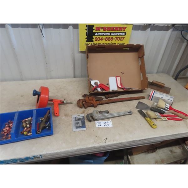 Plumbing Items, Pipe Wrench, Snake, some Painting Supplies