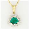 Image 1 : 14k Yellow Gold Trillion Green Emerald Solitaire & Diamond Halo Pendant Necklace