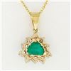 Image 6 : 14k Yellow Gold Trillion Green Emerald Solitaire & Diamond Halo Pendant Necklace
