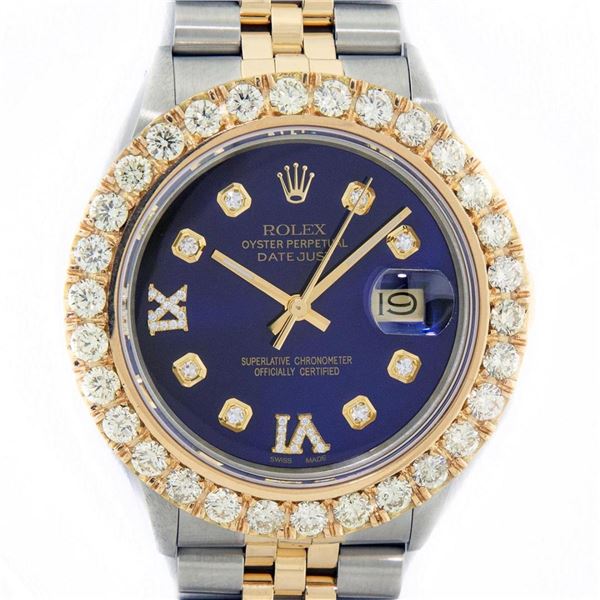 Rolex Mens 2 Tone Blue VS 4 ctw Beadset Diamond Datejust Wristwatch