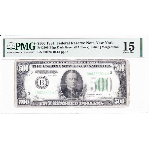 1934 $500 Federal Reserve Note New York PMG15 Choice Fine