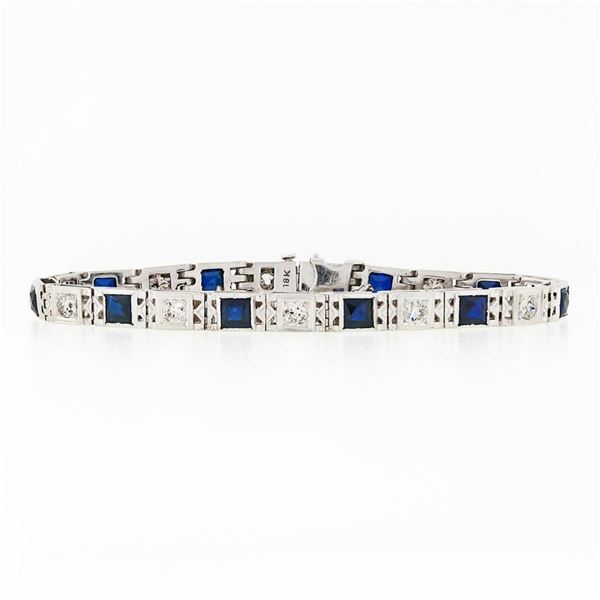 Antique Art Deco 18k Gold 1.10 ctw European Diamond & Syn. Sapphire Line Bracele