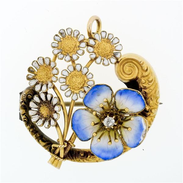 Antique Art Nouveau 14K Gold Diamond Flower Enamel Scroll Repousse Brooch Pin