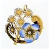 Image 1 : Antique Art Nouveau 14K Gold Diamond Flower Enamel Scroll Repousse Brooch Pin