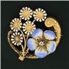 Image 2 : Antique Art Nouveau 14K Gold Diamond Flower Enamel Scroll Repousse Brooch Pin