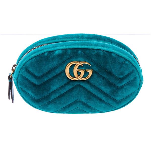 Gucci Blue Turquoise Chevron Velvet Matelasse GG Marmont Belt Waist Bag 75