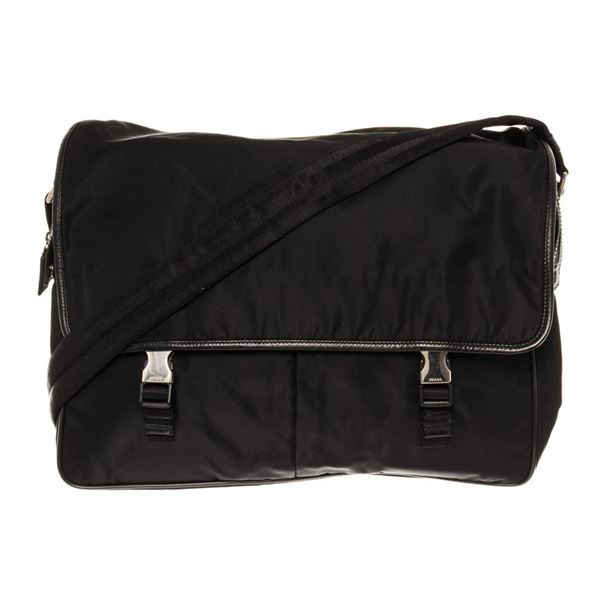 Prada Black Tessuto Nylon Saffiano Logo Messenger Bag