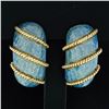 Image 2 : Vintage 18k Yellow Gold Textured Baby Blue Enamel Twisted Wire Dome Earrings