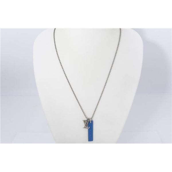 Louis Vuitton Silver-tone LV Blue Monogram Satellite Galaxy Chain Logo Necklace