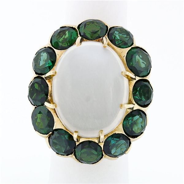 Vintage 14k Gold Large Oval Moonstone Solitaire Round Green Tourmaline Halo Ring
