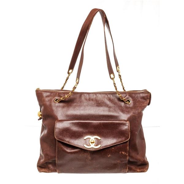 Chanel Brown Leather Large CC Chain Shoulder Bag