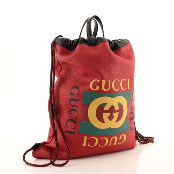 Gucci Red Leather Print Logo Drawstring Large Backpack