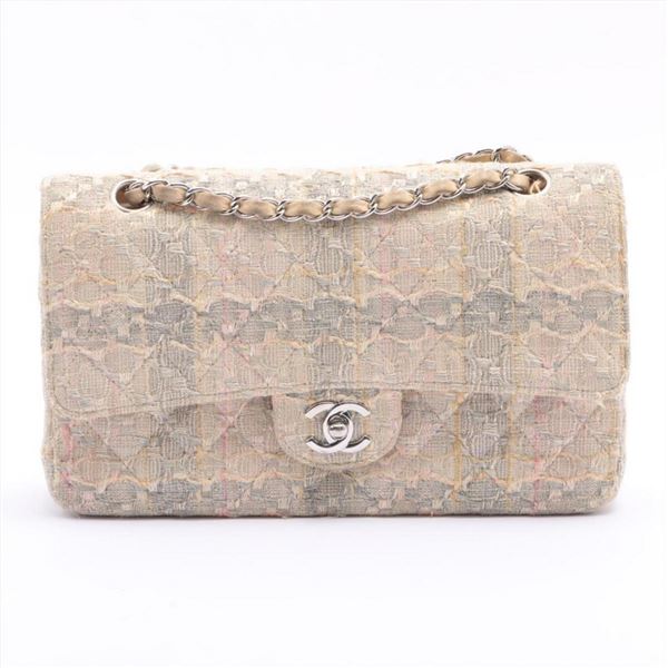 Chanel Beige Multicolor Quilted Boucle Tweed Double Flap Shoulder Bag
