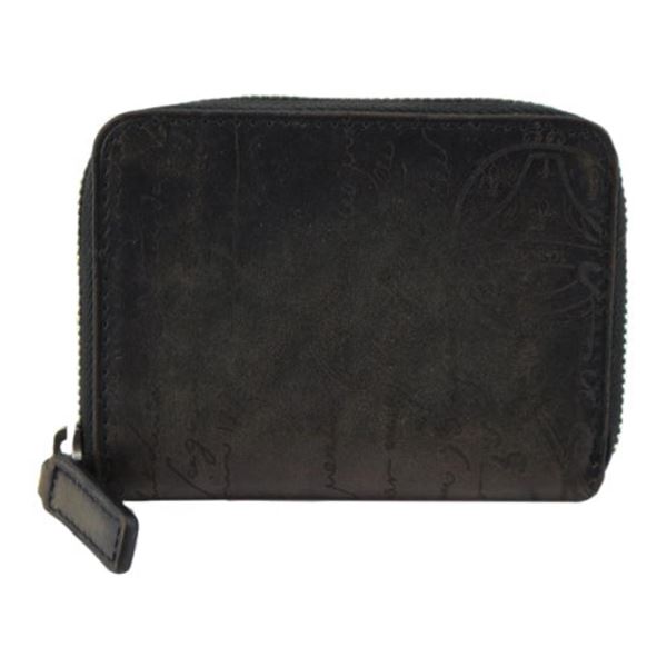 Berluti Black Wapa Leather Calligraphy Round Compact Wallet
