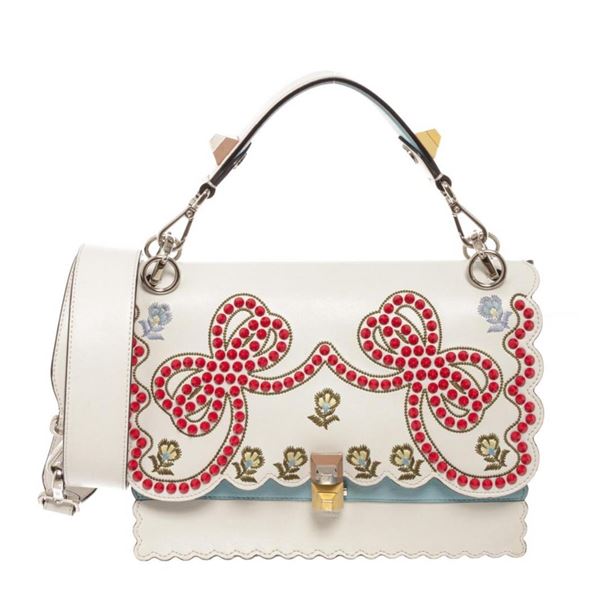Fendi Kan I Studded Bow Embroidered White Multicolor Shoulder Bag