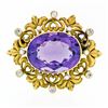 Image 1 : Antique Art Nouveau 14K Gold Amethyst Diamond Pearl Foliated Heart Frame Brooch
