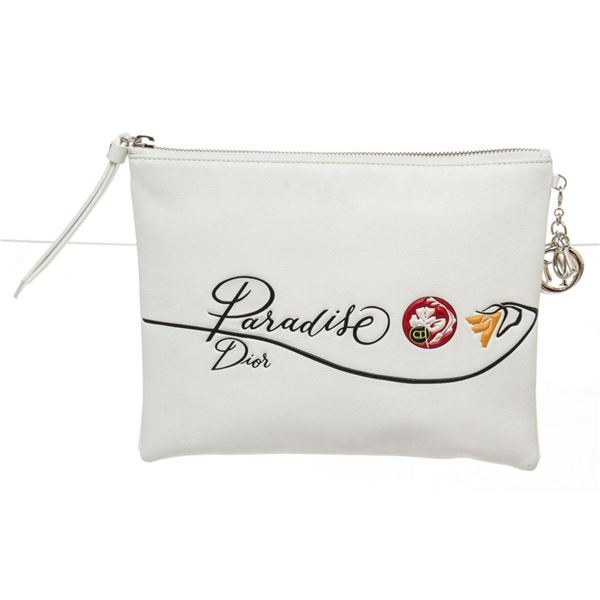 Christian Dior White Leather Paradise Zip Pouch Wallet