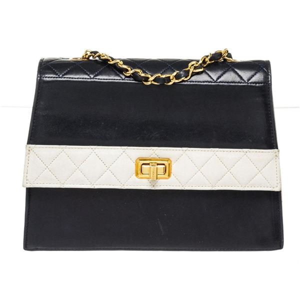 Chanel Navy White Lambskin Two Tone Flap Shoulder Bag