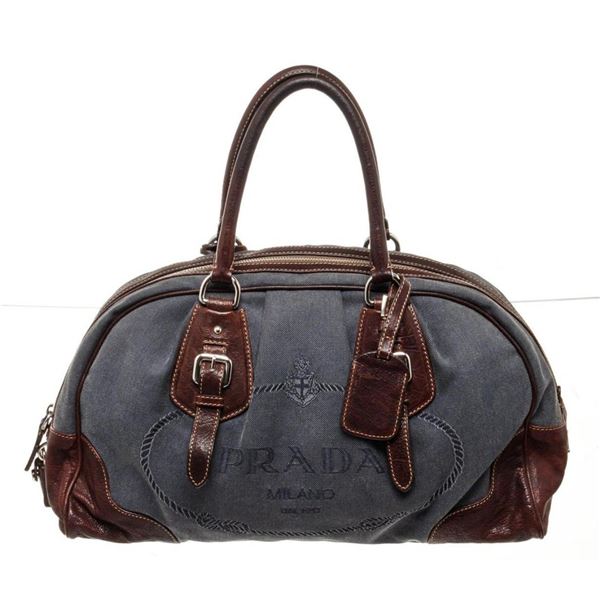 Prada Blue Denim Leather Bowler Shoulder Bag