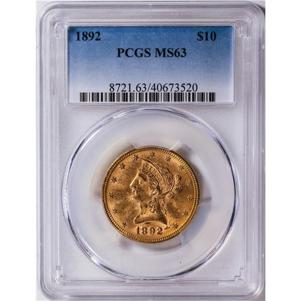1892 $10 Liberty Head Eagle Gold Coin PCGS MS63