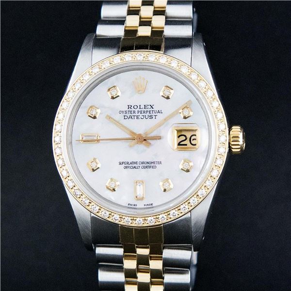 Rolex Mens 2 Tone Mother Of Pearl Baguette Diamond 36 Datejust Wristwatch