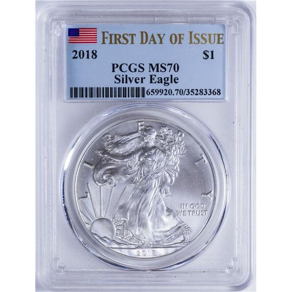 2018 $1 American Silver Eagle PCGS MS70 1st Day of Issue
